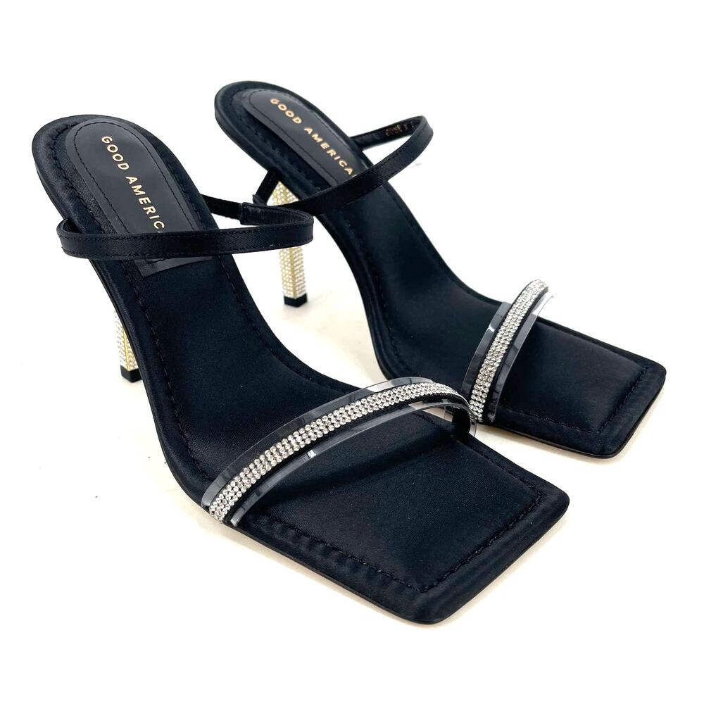 Good American Open Square Toe Rhinestone Strappy Heels Black Satin Size 9 NIB - Picture 1 of 8